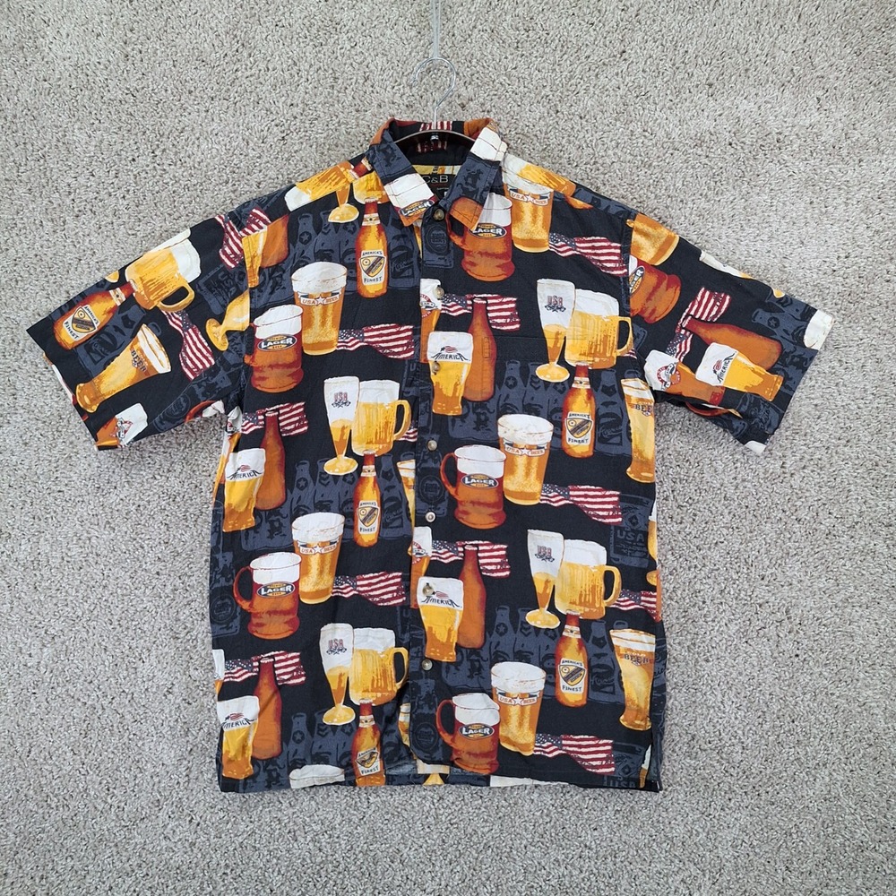 C&B Sport Button Down Mens S Black Beer Lager American Flag Patriotic Camp Dad